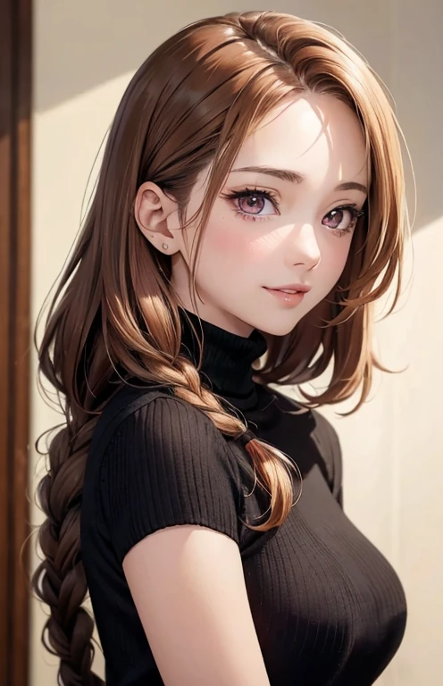 masterpiece、highest quality、High resolution、high quality images、8K, 1 female、skin luster、Texture of skin and clothing、Expression of fine eyes、shiny light light brown hair,Girl with long braided hair, Manga inspired by Lee Jong-suk, trending on deviantart, realism, detailed manga style, manga art style, perfect line drawing, beautiful line drawing, digital manga art girl, K-POPアイドル, Beautiful pink eyes, plump lips, detailed gorgeous face, (cute smile), charm, innocent, Side view, (perfectly detailed face), (fine hands) photorealistic images, Depth of written boundary, ponytail hairstyle, Light beige turtleneck sleeveless knit、デニムミニスカート autumn leaves , autumn leaves ,美しいautumn leaves,romanticism,