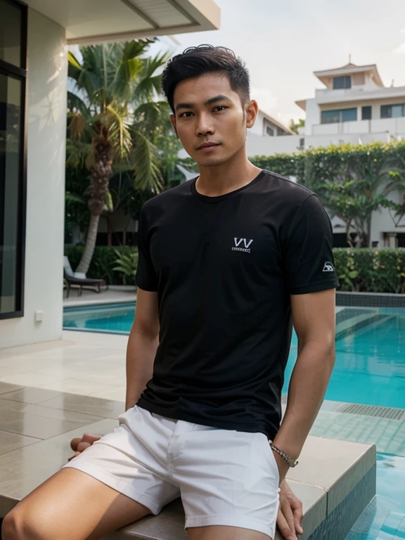 A young Thai man in his 40s with short hair sits by the swimming pool of a luxury hotel. Virtual image. Wear a black shirt