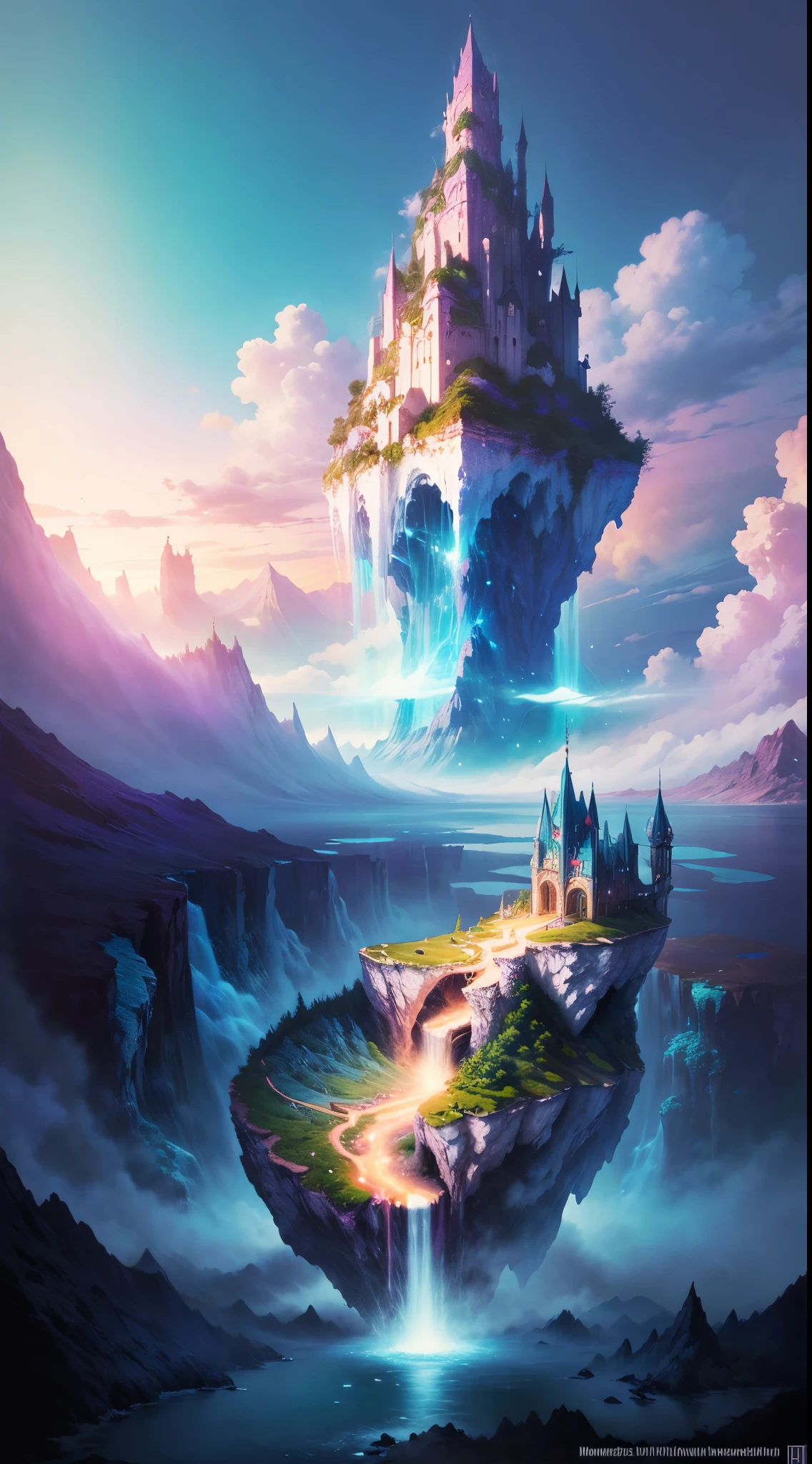 Imagine enchanting scenes in the magnificent realms of romantic dreams. An environment dotted with complex floating islands, fluffy clouds, Waterfall falling from floating island, And vibrant, surreal atmosphere. The atmosphere is filled with wonder and tranquility. Along with other vibrant jewel tones、Include many shades of pink in the image. This scene is expressed in an anime-style illustration., With soft lines, pastel colour, And a quirky touch. All buildings are very elaborate and elegant. The artwork is、Capturing the dreamlike beauty and tranquility of a dreamlike world。, Creates a sense of harmony、escape from the everyday world. Include Teal Water, colorful watercolor sky, glowing elements, Many small fantasy details including rainbow colors, Masterfully crafted majestic landscape, and shine brightly. More than anything, This is supposed to look like fantasy art.
