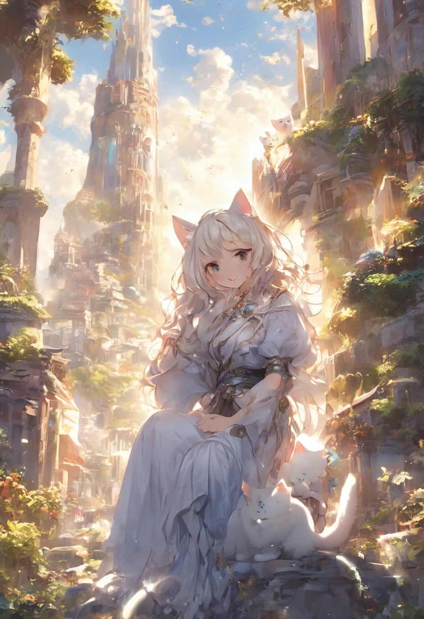 (8K、Raw photo、highest quality、look up:1.2、masterpiece:1.2、genuineistic、ultra high resolution、high contrast、photon mapping、genuine、Super detailed、official art, Raw photo、professional lighting、 light、Vivid atmosphere、twicelight) , (1 girl), （One white kitten）,　Continuing from the sky to the earth、A majestic tower、A girl and a kitten are looking out from the terrace。Behind the majestic tower、When the sun rises、Stars in the sky々And the Milky Way shines、The city of the future appears in the air like a heat haze.、On the ground、Surrounded by greenery、A medieval Roman city-state on the shores of a lake、Shining in the morning sun。An atmosphere that exudes the excitement of adventure。An atmosphere that makes you feel happy and joyful。High Fantasy Worldview,　Beautiful depiction of grand composition and proportions, Guardian nebula of rainbow light and silvery vapor, Corrosive Encirclement Ray Family Color, slimy air feeling, The world shines with kindness and joy., A spectacular tale,
