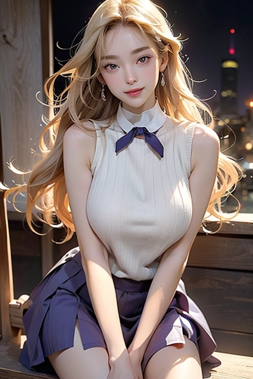 (masterpiece:1.3), High resolution, super detailed, Extremely detailed CG unified 8K wallpaper, actual, photo-actual, original photo, Beautiful and delicate face, pale skin, actual glistening skin, Detailed fabric texture, Detailed hair texture, Perfect body, pretty face, precise, anatomically correct, Highly detailed facial and skin textures, natural neck length, (beautiful hands), (White skin:1.2), thin legs, thin feet,
rest,
exquisite eyes, symmetrical eyes, light brown eyes, double eyelids, thin eyebrows, (glossy lips:1.4), (Smile gently:1.2),
rest,
(national foundation:1.2), (An elegant and lovely girl:1.3), (1 girl, a girl), ((Wearing a violet sleeveless keyhole collar mid-rise sweater:1.3)), (White pleated mini skirt), (boots), (wear glasses:1.1),
(beautiful breasts、huge breasts:1.4,plump breasts, Slender figure, Tight abdominal muscles, firm breasts:1.2), Beautiful collarbone,
(blonde hair, curls, long hair:1.3), ((Asymmetric bangs:1.2)),
rest,
((Strolling through Marunouti's office street, japan night:1.3)), (from the side:1.2), (Side-viewing observer:1.2), ((focus on face:1.2)), (full-body shot:1.2),,(huge breasts:1.2),wet skin