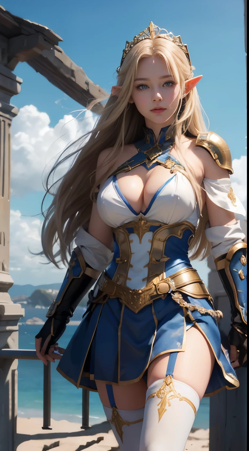(8K, Raw photography, top-quality, masterpiece:1.2), One elf Woman、girl at the age of 18,fullllbody.{scinematic angle、Wide Angle、Don't split the screen、}(Realistic Skins 1.4)、(valkyrie、Valkyria)、(((Western knights、Plate armor covering the whole body、Metal armor、nffsw)))、(royal blue above knee skirt with golden trim) 、(((Sky with light、Asgard))、50mm Lens、30mm film、wide angles、(long、)、(A waist long straight blonde-haired)、blue eyes、shinny skin、beautiful detailed hair、cheerful smile, Beautiful delicate face、Beautiful delicate eyes、{huge chest、perfect tits, muscular body、}、(standing:1), bare shoulder, tight-high white stocking with golden-trim, (white:1) above elbow armhose and glove,