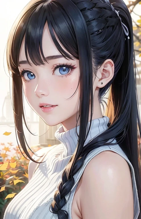 masterpiece、highest quality、High resolution、high quality images、8K, 1 female、skin luster、Texture of skin and clothing、Expression of fine eyes、Shiny silver hair,Girl with long braided hair, Manga inspired by Lee Jong-suk, trending on deviantart, realism, detailed manga style, manga art style, perfect line drawing, beautiful line drawing, digital manga art girl, K-POPアイドル, beautiful light blue eyes, plump lips, detailed gorgeous face, (cute smile), charm, innocent, Side view, (perfectly detailed face), (fine hands) photorealistic images, Depth of written boundary, ponytail hairstyle, Light beige turtleneck sleeveless knit、デニムミニスカート autumn leaves , autumn leaves ,美しいautumn leaves,romanticism,