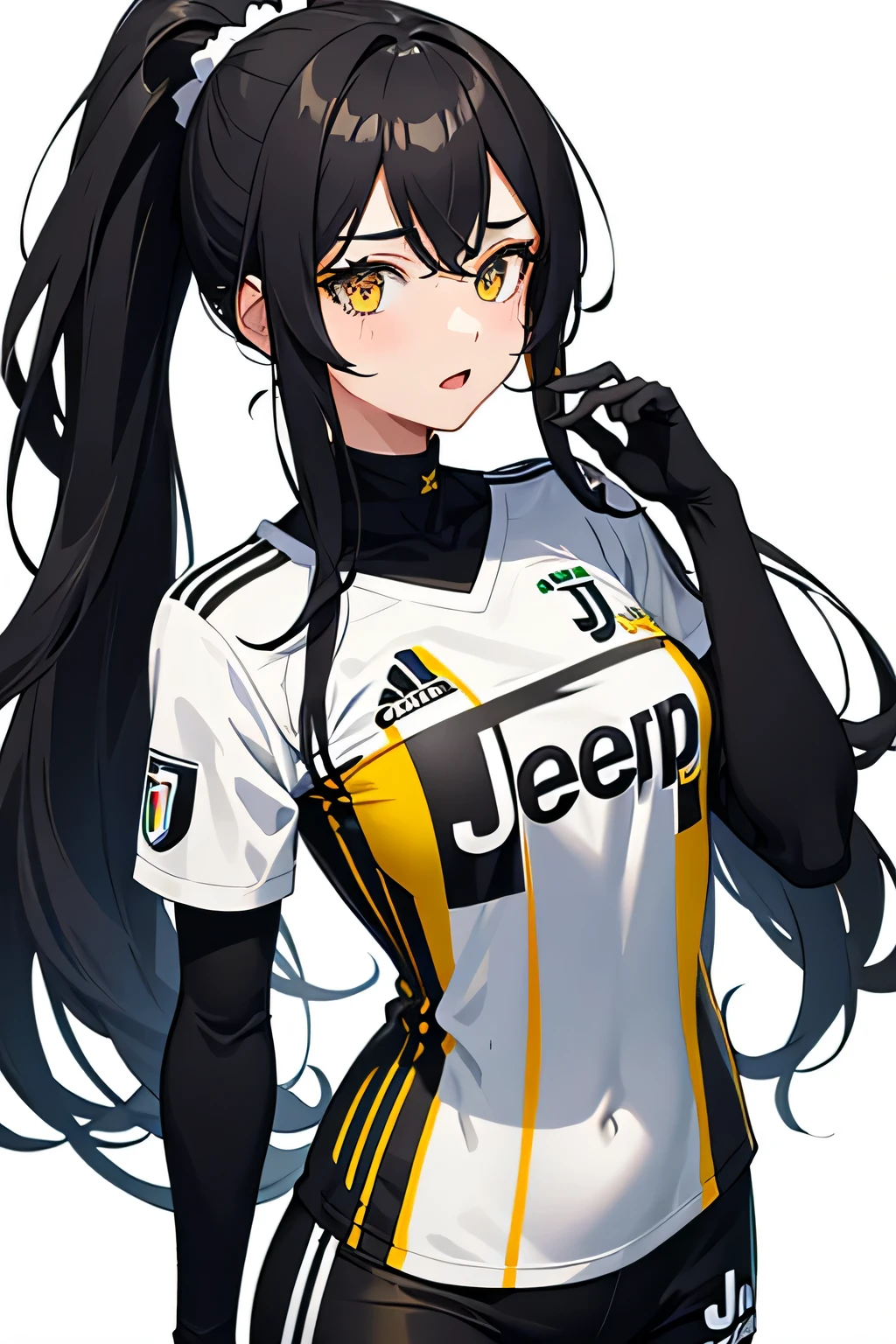 1girl,Juventus Football club jersey,long hair,black hair,ponytail hairstyle,yellow eyes,medium tits