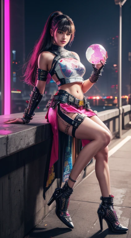 pink and bright colors, Cyberpunk 25, perfect, smile, The shoulder pads have metal spikes., Brooklyn Bridge, Short skirt, Heavy metal is an inspiration., White and gold crop top with open chest., Leather protection on the left arm with intricate graphics., Dark red with white stars and a white and blue checkered pattern., armor, intricate design, Posing in cyberpunk style high heels.,holding a glowing globe