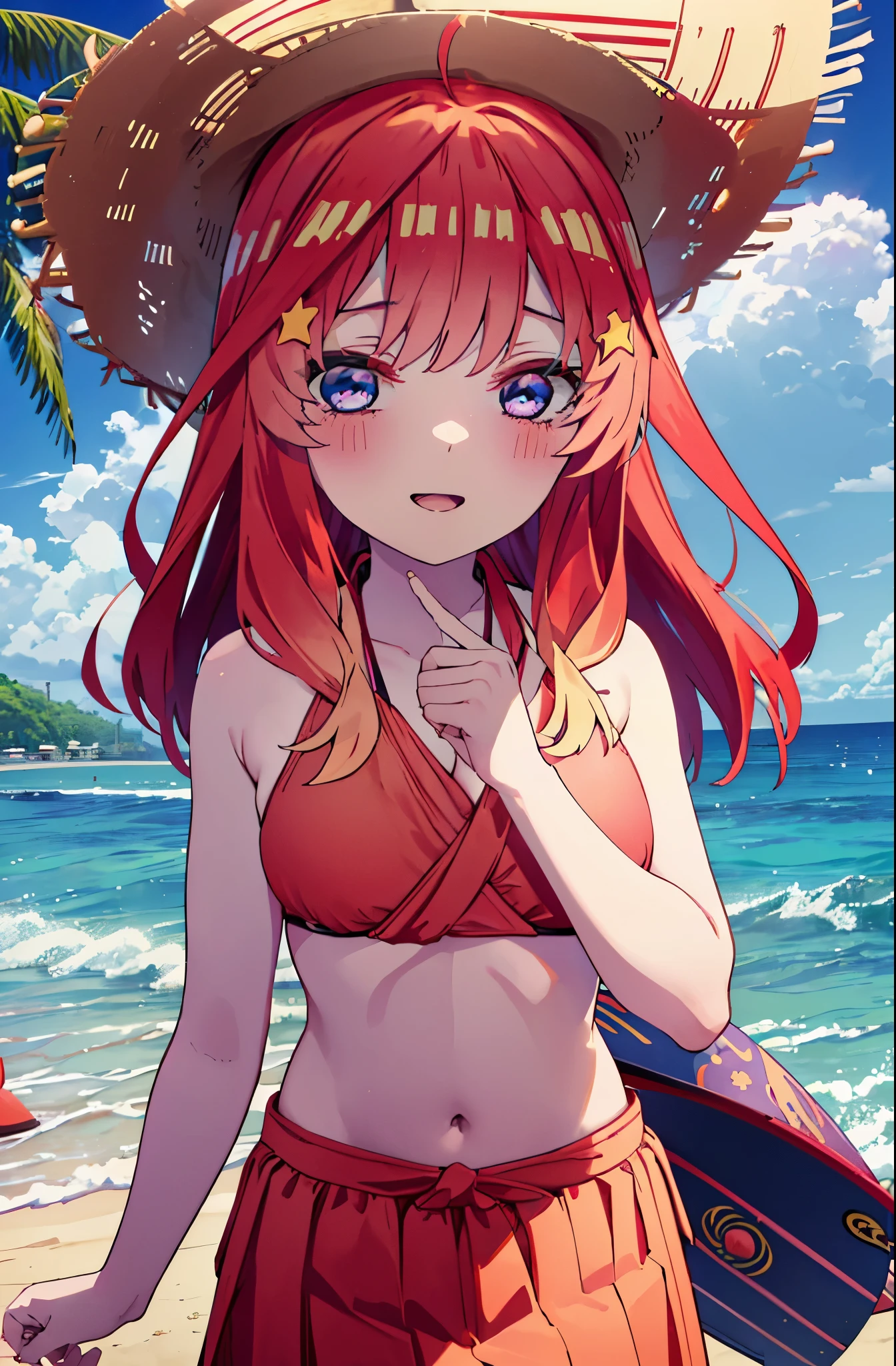 itsukinakano, itsuki nakano, bangs, blue eyes, hair between eyes, Ahoge, redhead, star \(symbol\), hair ornaments, star hair ornaments,happy smile, smile, open your mouth,skirt,大きなstraw hat,(((red bikini))), beach, Ahago, (((((beach blancket))))), ((straw hat)),real summer,Palm tree,
break outdoors, beach,
break looking at viewer, (cowboy shot:1.5),
break (masterpiece:1.2), highest quality, High resolution, unity 8k wallpaper, (shape:0.8), (fine and beautiful eyes:1.6), highly detailed face, perfect lighting, Very detailed CG, (perfect hands, perfect anatomy),