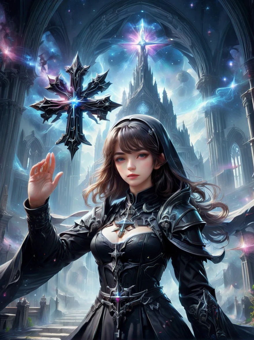 Fantasy game anime character,(nun:1.4),((穿着黑色nun服)),Waving the Galactic Cross,church background,the art of mathematics,Super detailed,Super detailed,HD,masterpiece,best quality