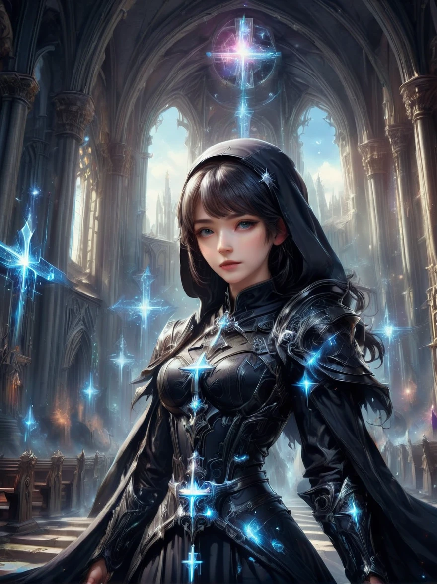 Fantasy game anime character,(nun:1.4),((穿着黑色nun服)),Waving the Galactic Cross,church background,the art of mathematics,Super detailed,Super detailed,HD,masterpiece,best quality