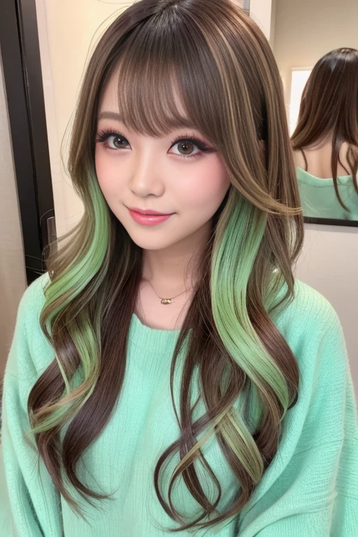 brown hair with pastel green highlight,BREAK,japanese girl,smile,wavy hair,Ombre hair,(makeup:1.5),medium hair,japanese idol