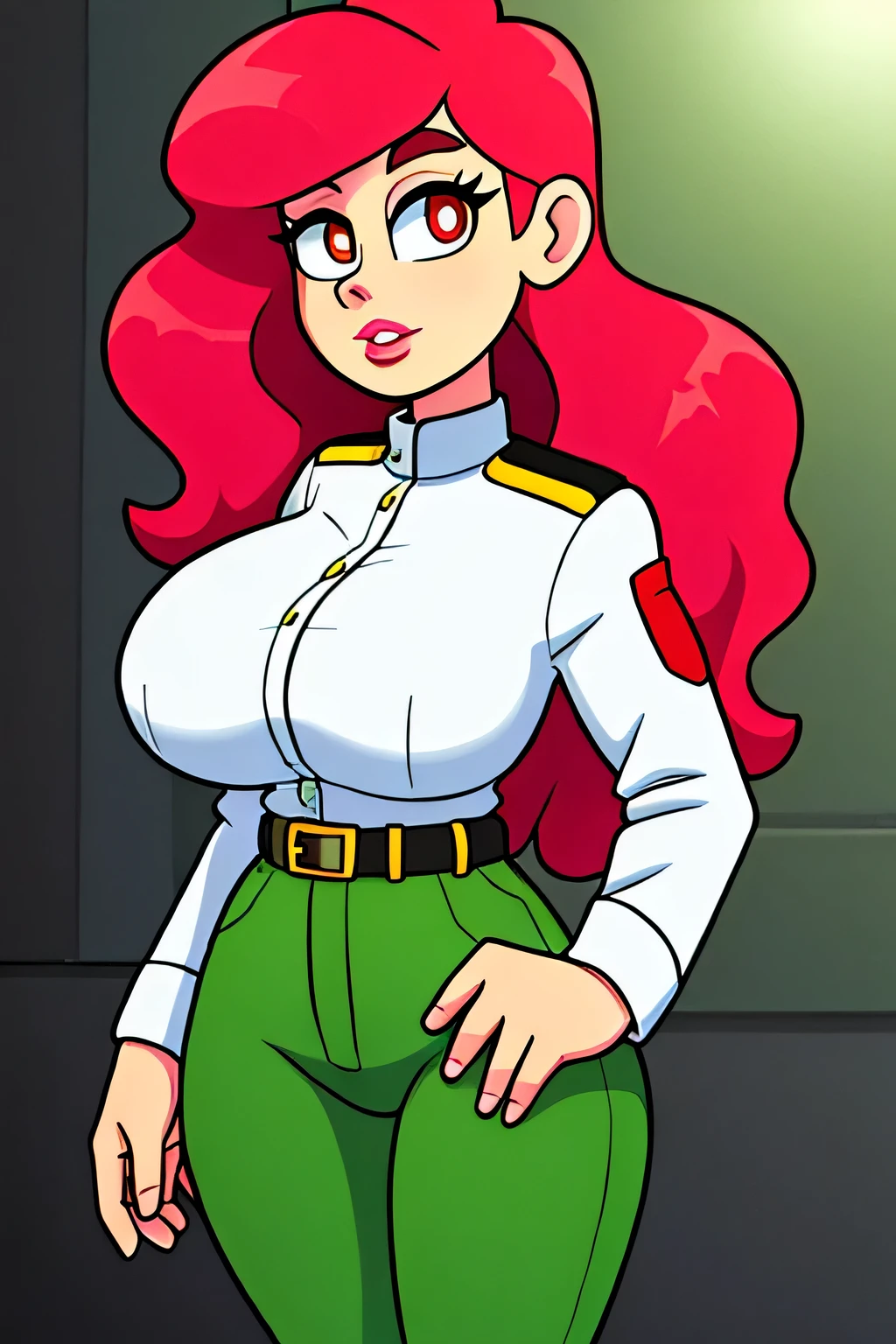 A tender woman with extra large breasts, longer wavy hair, bright red eyes, rectangular pupils, large pink lips, a light green military suit, a yellow line, and her light green pants, wearing a yellow belt.