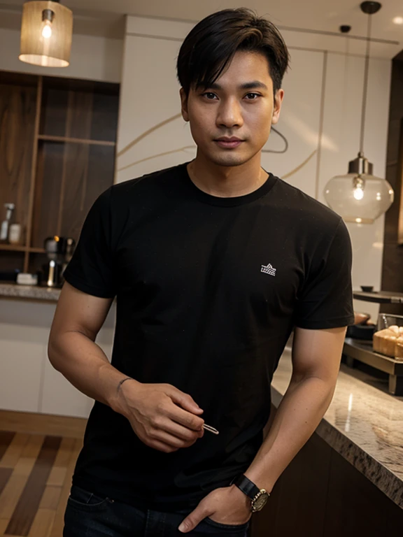 Young Thai man aged 40 with short hair in a coffee shop, luxury hotel, virtual image Wear a black shirt