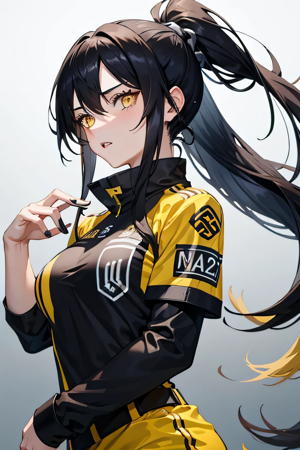 finger gun to head, finger gun, (two fingers:1.3), cowboy shot, 1girl, dark-skinned female, in heat, brown eyes, asymmetrical bangs, spiral hair, simple background, <lora:GoodHands-vanilla:1>