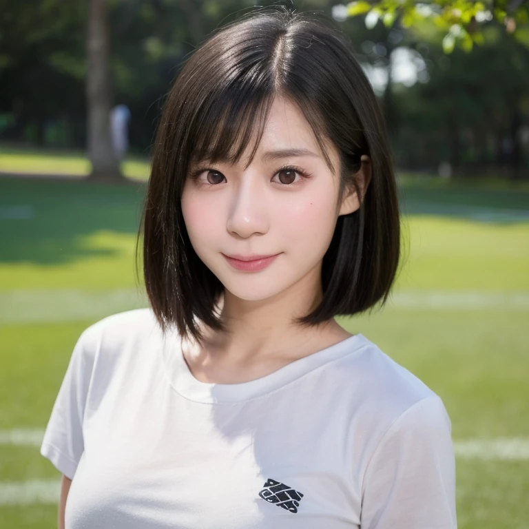 (kawaii 24 year-old Japanese girl, Nogizaka idol, Korean idol), healthy female athlete body, (glossy black hair, messy very short hair, symmetric and even length hair:1.3), (forehead), (rounded face, black eyes, single eyelid, no makeup, soft smiling:1.2), (wearing over-sized t-shirt, skinny jeans:1.3), (flat chest, extra small breasts), (looking at viewer:1.2), BREAK, (turf in the park background:1.3), (dynamic angle:1.3), face focus, BREAK, (masterpiece, best quality, photo realistic, official art:1.4), (UHD, 8K quality wallpaper, high resolution, raw photo, golden ratio:1.2), (shiny skin), professional lighting, physically based rendering, award winning, (perfect anatomy, highly detailed skin, extremely detailed face and eyes), Carl Zeiss 85 mm F/1.4, depth of field, 1girl, solo,