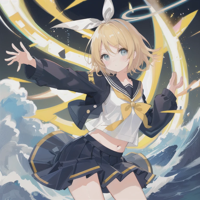 (masterpiece), (best quality), (illustration), (Super details), (High resolution), a girl, Kagamine Rin, Not wearing, No, split, (small), very cute girl, blush, cute loli, short hair, junior high school , Blonde, innocent face, Secondary sex characteristics, 1st junior high school, (Sailor suit), skirt, Navel visible, shoulders visible, Still young body, Slender figure and beautiful breasts、huge breasts:1.4,plump breasts漂亮乳房、huge breasts:1.4,plump breasts