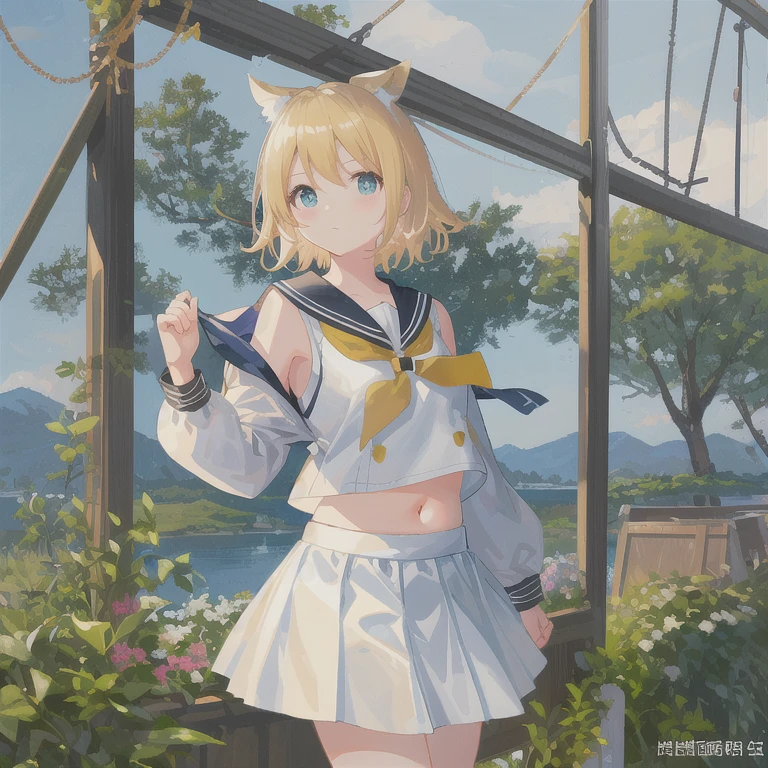 (masterpiece), (best quality), (illustration), (Super details), (High resolution), a girl, Kagamine Rin, Not wearing, No, split, (small), very cute girl, blush, cute loli, short hair, junior high school , Blonde, innocent face, Secondary sex characteristics, 1st  junior high school, (Sailor suit), skirt, Navel visible, shoulders visible, Still young body, Slender figure and beautiful breasts、huge breasts:1.4，plump breasts漂亮乳房、huge breasts:1.4，plump breasts