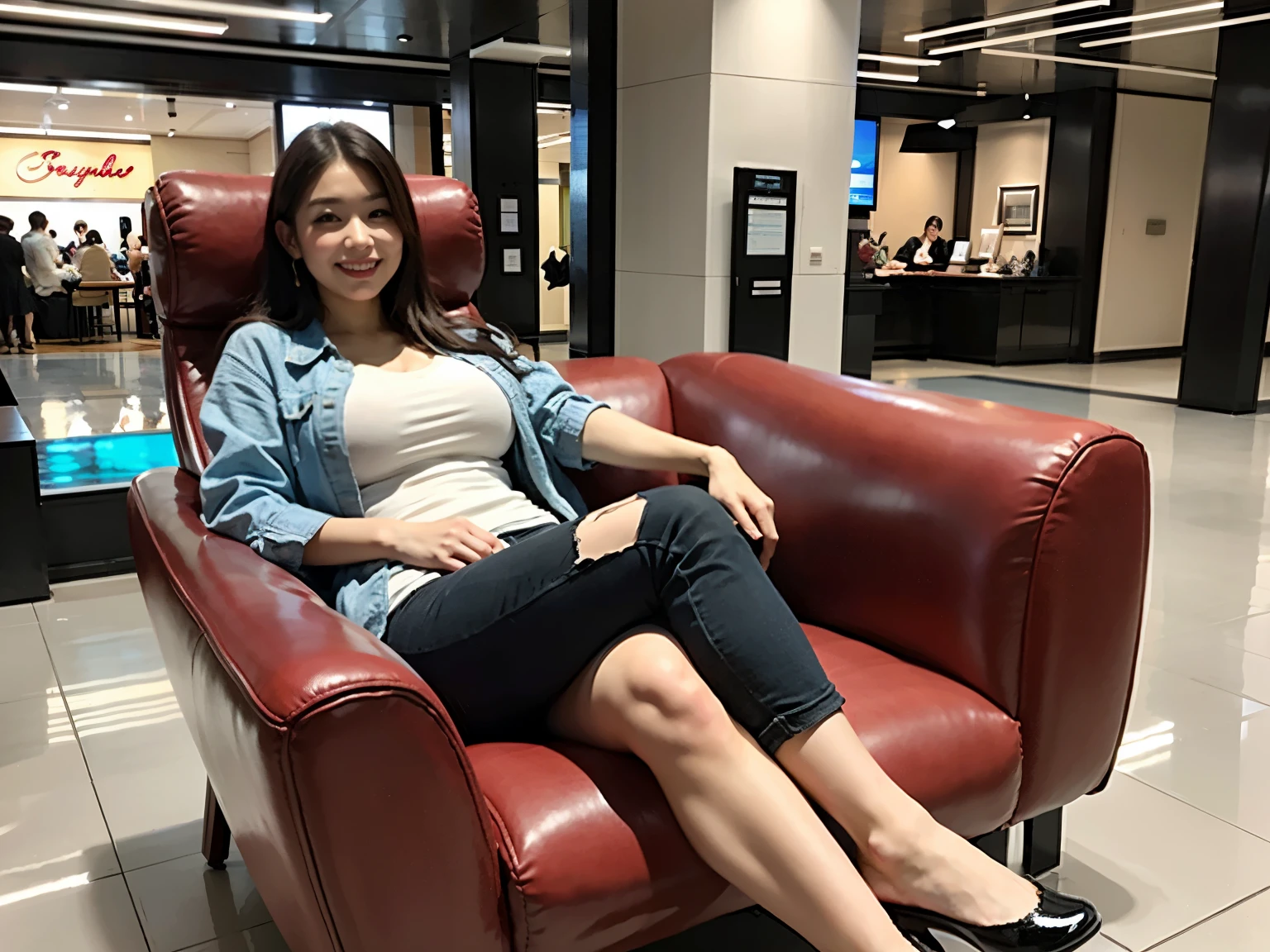 there is a young assian offce lady sitting on a chair in a shopping mall, asian women, sitting relax and happy, 🤬 🤮 💕 🎀, in a comfortable chair, massage chair, relaxing and smiling at camera, siting in a chair, sitting in a plastic throne, 🕹️ 😎 🔫 🤖 🚬, masterpiece work of art