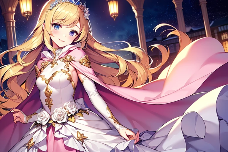 (kawaii),(best quality),(ultra detailed),(rococo style),(long train pastel pink cape:1.15), very long cape,(long train white ball gown with flower decorations:1.1), a girl is wearing a cape over her gown, 1 little princess, tiara, smile, very long hair, small breasts, beautiful detailed eyes, beautiful detailed lips
