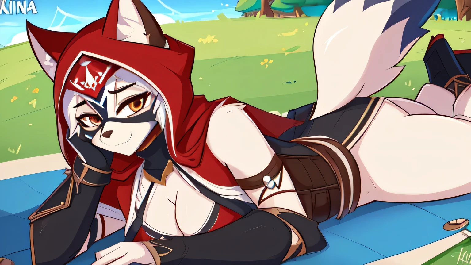 ((8k, 4k, Detailed, High quality, masterpiece, perfect anatomy)), Assassin's Creed, furry, female, mature female,(( by Kilinah, fluff-kevlar)), husky, sexy body, breasts, cute face, brown eyes, fluffy tail, Assassin's Creed armor, Assassin's Creed outfit, assassin mask, laying down on grass, looking at viewer, seductive look, hearts