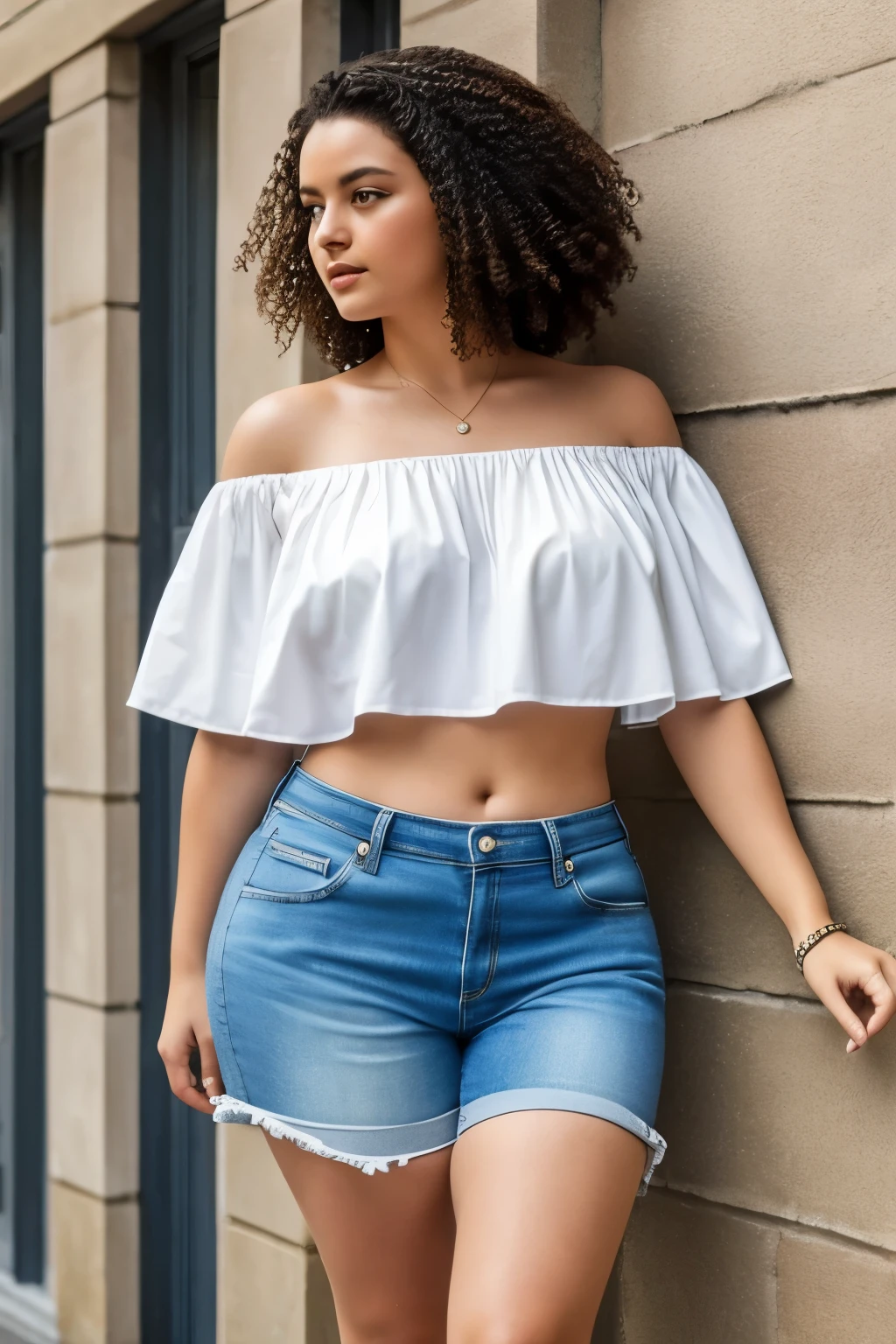 1 fille dans, 19 ans, seulement, cheveux longs, Colossal , regarder le spectateur, Curly black hair, bare shoulders, yeux bleu, bijoux, Tout le corps, un collier, off the shoulders, Chandails debradeur blanc, Realistic, Un sexy, hanches curvy en short de sport rose, espadrille blanche, montre dans la main droite en or pour femme.