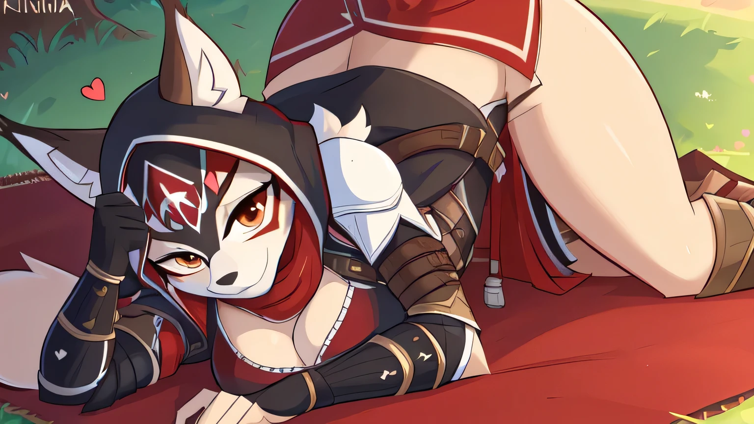 ((8k, 4k, Detailed, High quality, masterpiece, perfect anatomy)), Assassin's Creed, furry, female, mature female, ((by Kilinah, fluff-kevlar)), maine coon, sexy body, breasts, cute face, brown eyes, fluffy tail, Assassin's Creed armor, Assassin's Creed outfit, assassin mask, laying down on grass, looking at viewer, seductive look, hearts