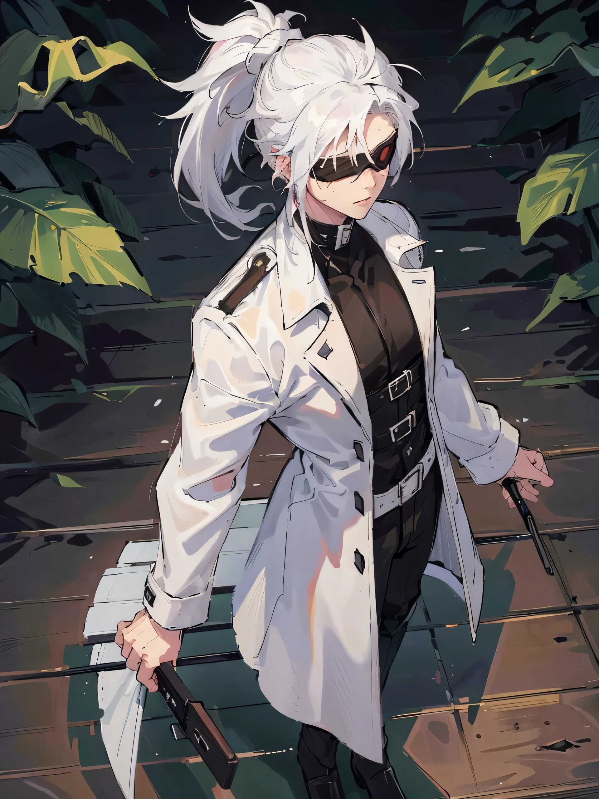 Man, Male, alone, white trench coat, cargo pants, black combat boots, white hair, white ponytail, ponytail, blindfold, blindfold, scars, leather holsters, black holsters, forest background, forest, no crowd, looking at viewer, side looking, Handsome, 