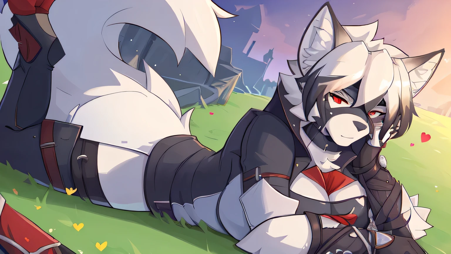 ((8k, 4k, Detailed, High quality, masterpiece, perfect anatomy)), Assassin's Creed, furry, female, mature female, ((by Kilinah, fluff-kevlar)), Von Lycaon, (Zenless Zone Zero), wolf, sexy body, breasts, cute face, red eyes, eye patch, fluffy tail, Assassin's Creed armor, Assassin's Creed outfit, assassin mask, laying down on grass, looking at viewer, seductive look, hearts