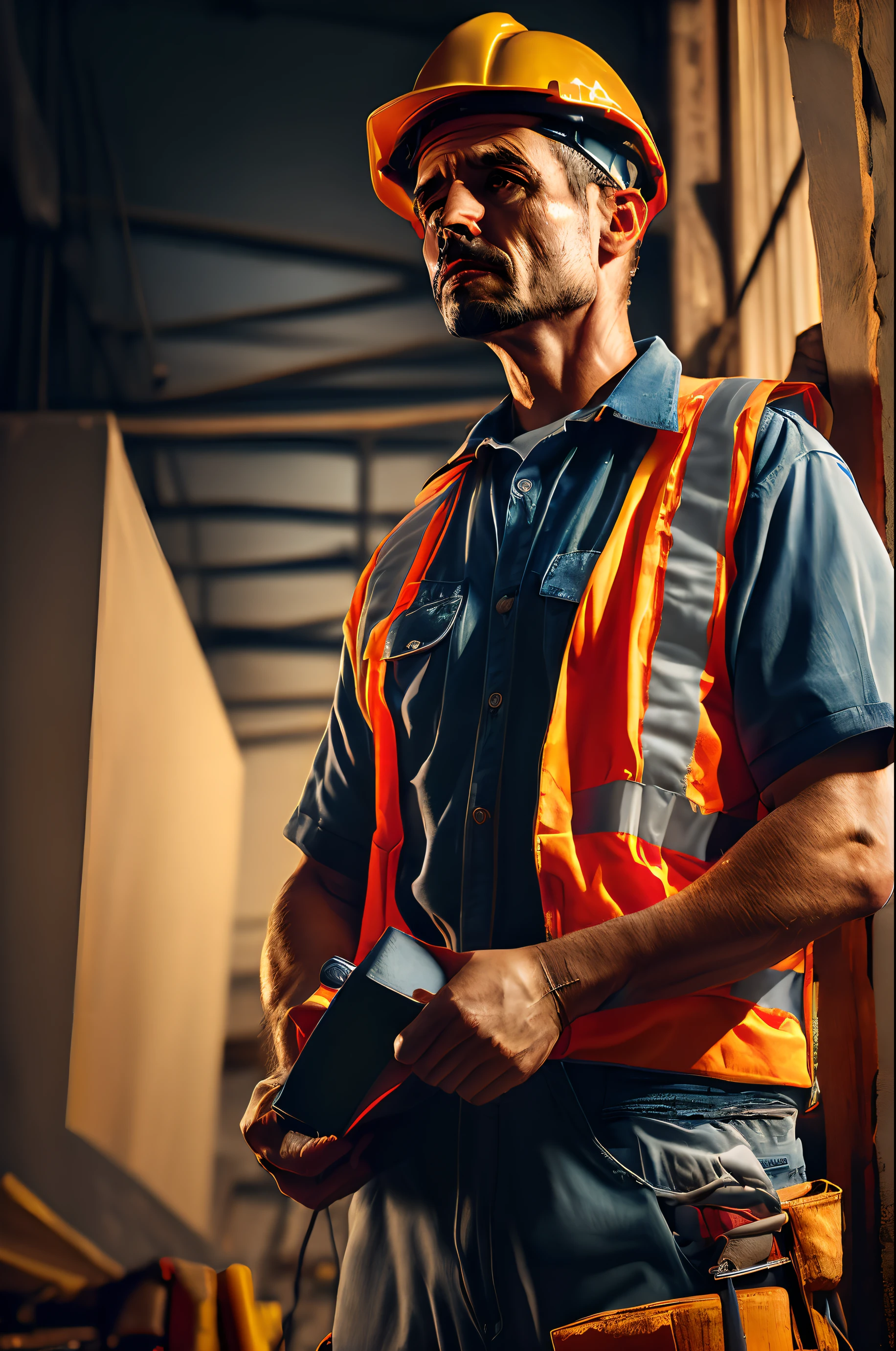 construction worker,low battery, stress, tired,complex project,men
(best quality,4K,8 thousand,mackerel,masterpiece:1.2),very detailed,(realistic,photorealistic,photo-realistic:1.37),HDR,UHD, studio lighting,Ultra-precise painting portrait,sight,impressionism,capricious,Contrasting colors,dim lighting