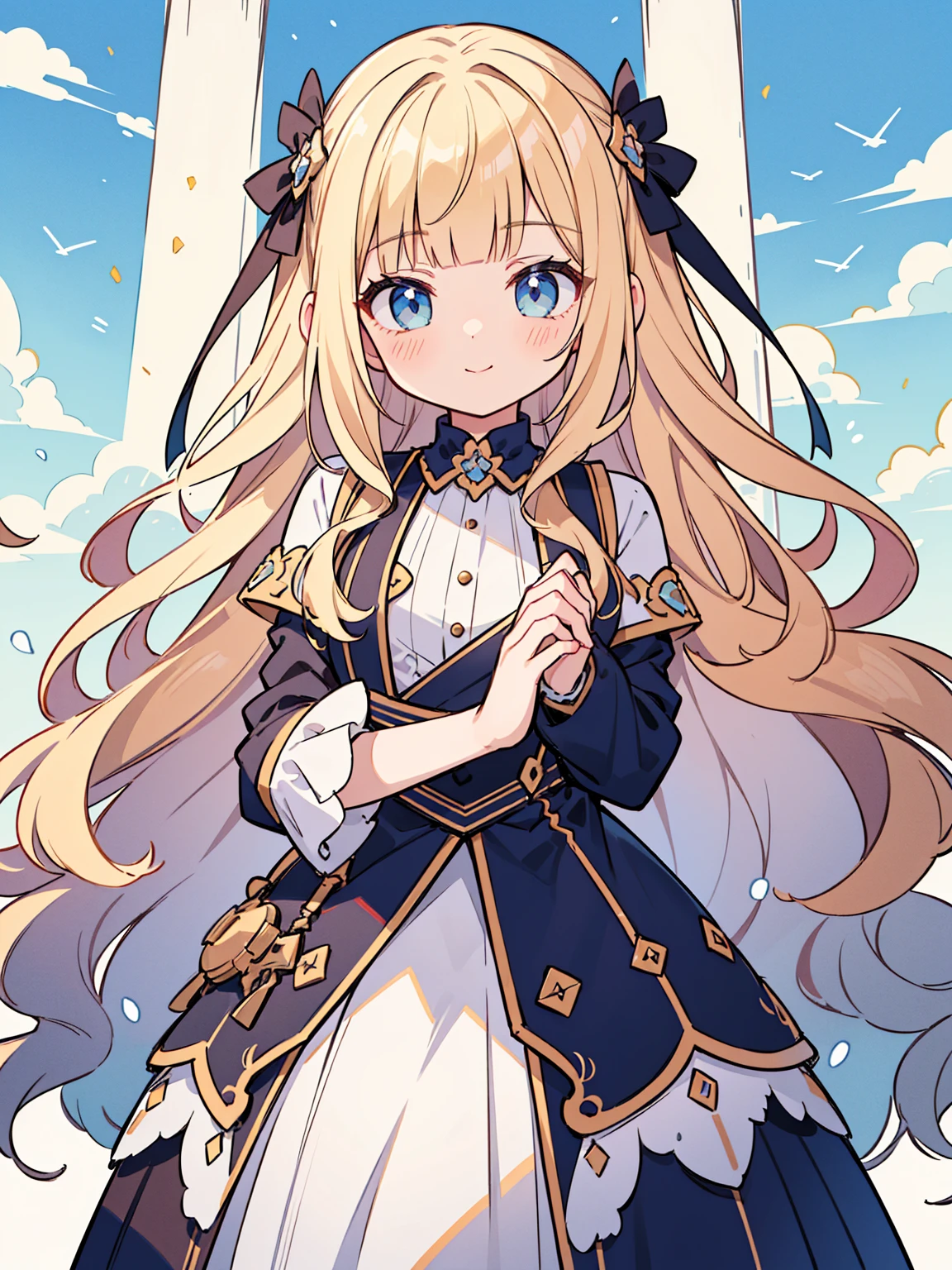 High quality, Ultra detailed, best quality, insanely detailed, masterpiece, beautiful illustrations, highest quality, pretty girl, ((very cute)), ((lovely)), 1girl, standing, pastel colour, blonde hair, wavy long hair, (blunt bangs), caucasian, bright lighting, sky-blue eyes, soft smile, looking at viewer