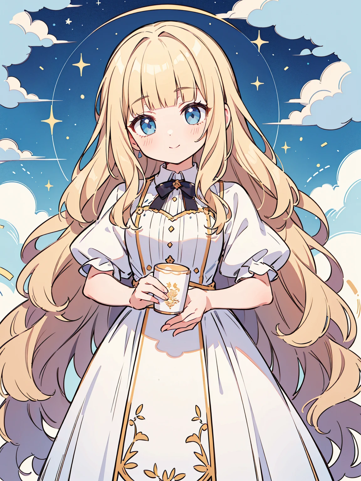 High quality, Ultra detailed, best quality, insanely detailed, masterpiece, beautiful illustrations, highest quality, pretty girl, ((very cute)), ((lovely)), 1girl, standing, pastel colour, blonde hair, wavy long hair, (blunt bangs), caucasian, bright lighting, sky-blue eyes, soft smile, looking at viewer