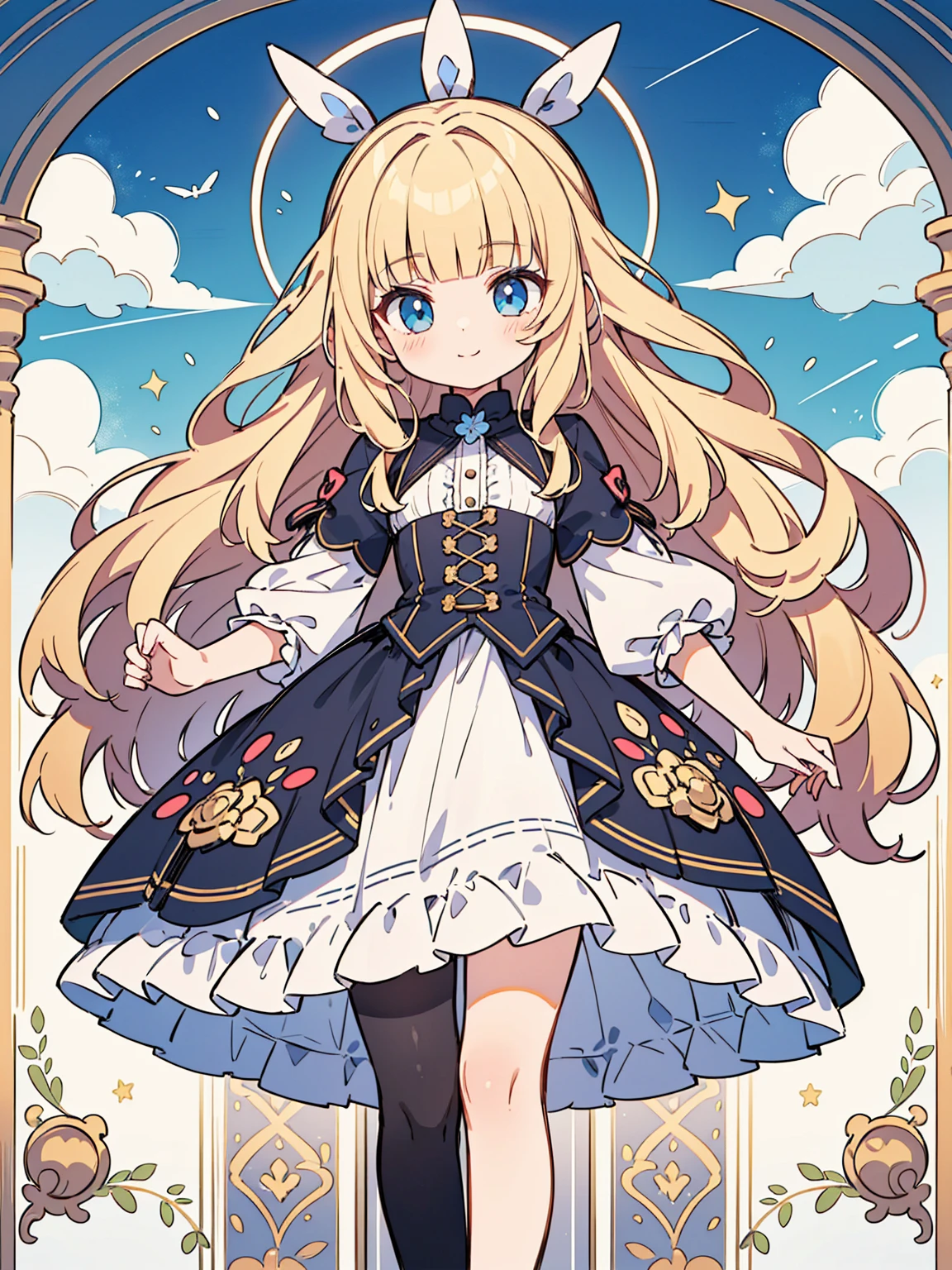 High quality, Ultra detailed, best quality, insanely detailed, masterpiece, beautiful illustrations, highest quality, pretty girl, ((very cute)), ((lovely)), 1girl, standing, pastel colour, blonde hair, wavy long hair, (blunt bangs), caucasian, bright lighting, sky-blue eyes, soft smile, looking at viewer