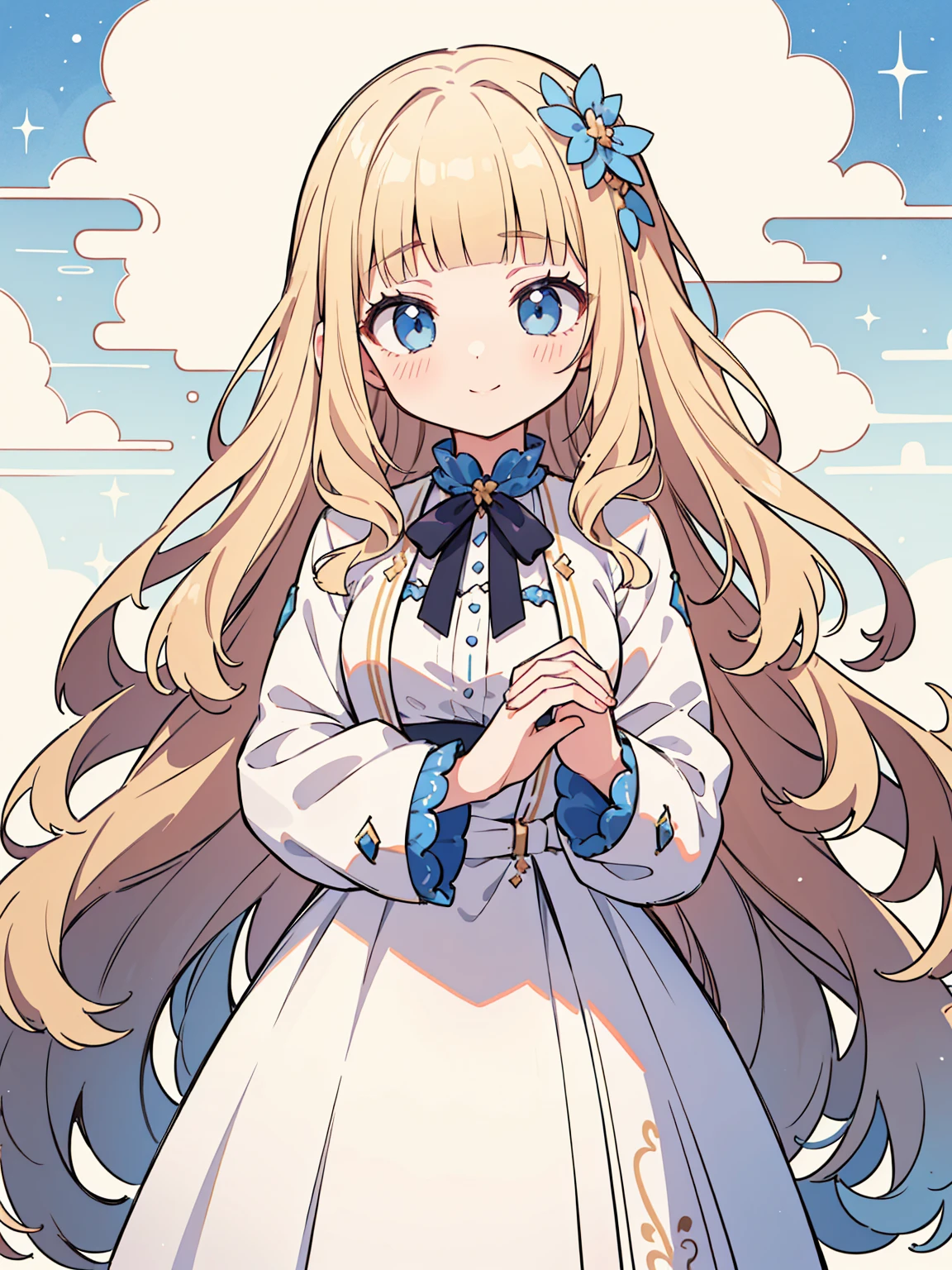 High quality, Ultra detailed, best quality, insanely detailed, masterpiece, beautiful illustrations, highest quality, pretty girl, ((very cute)), ((lovely)), 1girl, standing, pastel colour, blonde hair, wavy long hair, (blunt bangs), caucasian, bright lighting, sky-blue eyes, soft smile, looking at viewer