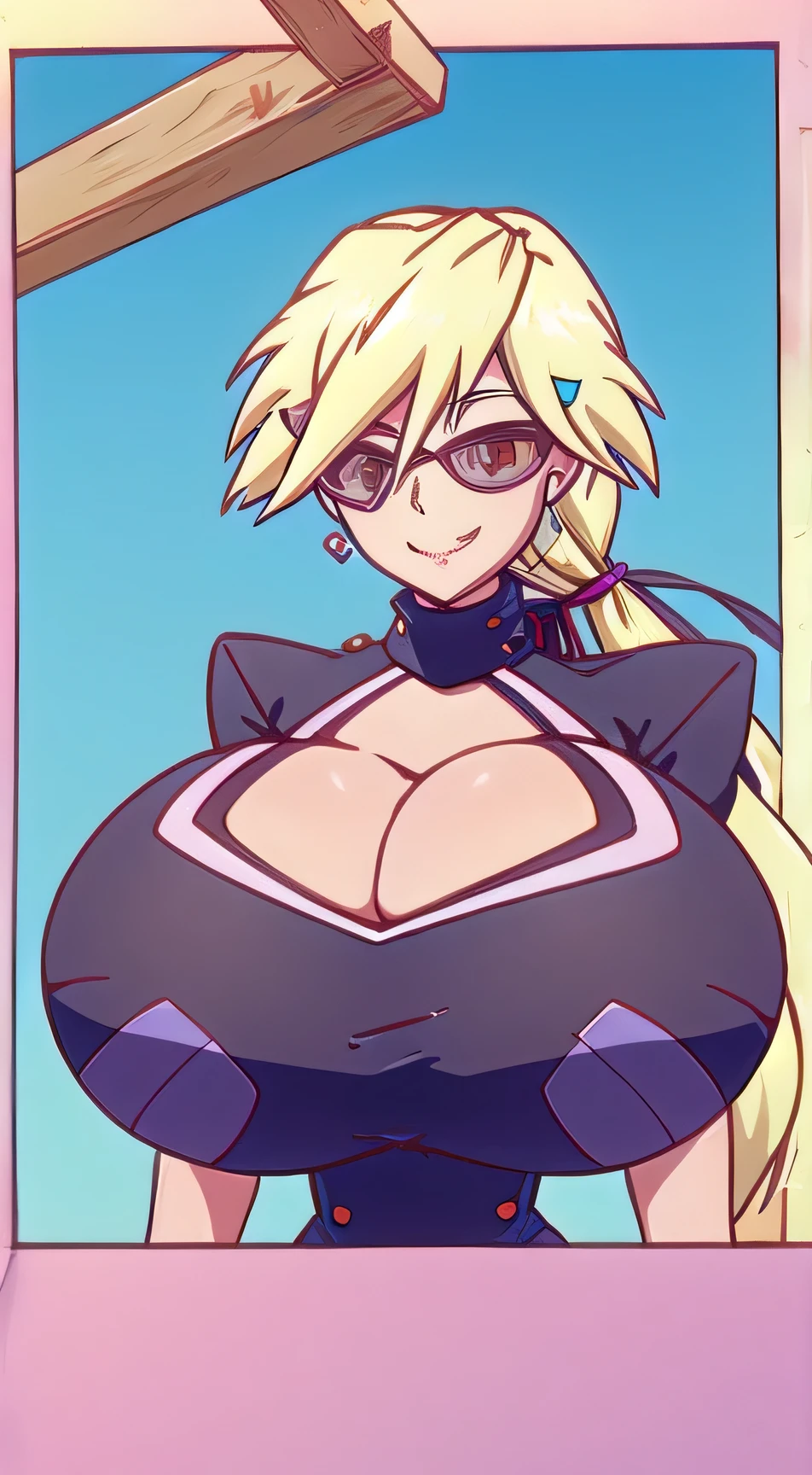 The breasts are very large.,cute smile,Cleavage Cutout