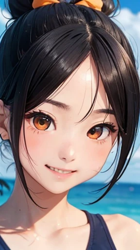 highest quality、realistic、Japanese、girl、zoom、look up、cute、orange eyes、bun hair、black hair、all back、Forehead is coming out、Ocean、turquoise swimsuit、joy、Grinning、face close up、small breasts、slender