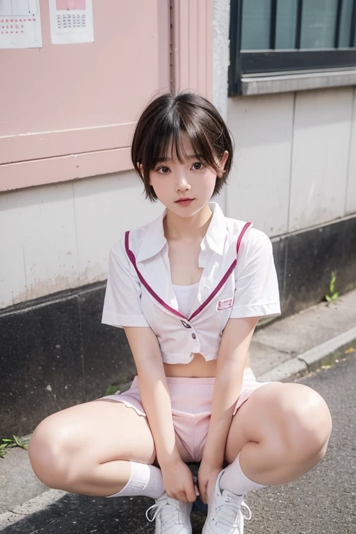 Photos around the city, realistic, Energetic, easy going, healthy, Cute elementary school student with short hair, Short hair that shows ears and neck, super short hair, 1 girl, ((small breasts)), ((flat chest)), ((school uniform)), cute japanese girl, pink lipstick, whole body, squat, spread your legs, I can see white panties