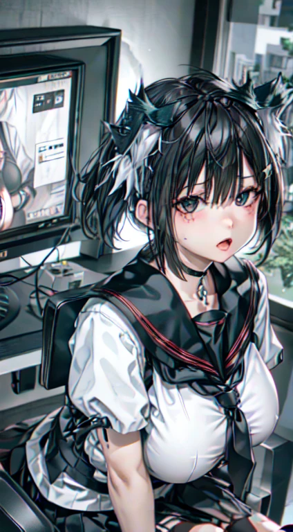 1 busty Ted pretty tomboy girl with short grey hair, black vest, black socks, black skirt,sitting on gaming chair, Gaming Room Background, and 3 monitors, No light lamp, Looking forward to the audience,beautiful breasts、huge breasts:1.4，plump breasts