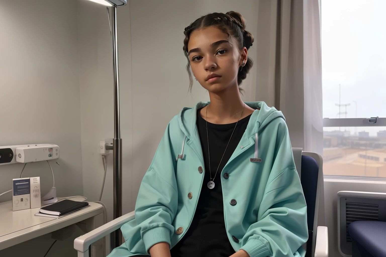 Milnrow, 2023. A young ((((19-year-old)) Maia Allen)), skinny, sitting in a hospital room chair, ((sad expression)), ((((clothings from the 2020s)))), ((hairstyle of the 2020s))