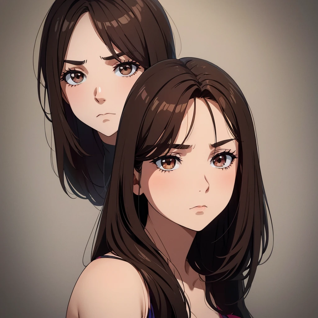A girl in her twenties, with brown eyes and dark hair, with a forlorn expression and smudged makeup. In a melancholic background