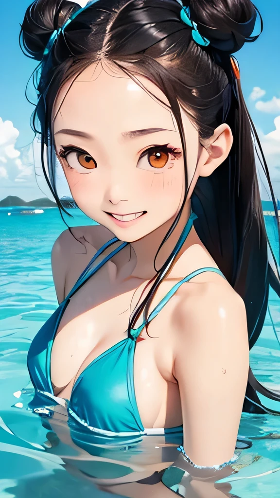 highest quality、realistic、Japanese、girl、zoom、look up、cute、orange eyes、bun hair、black hair、all back、Forehead is coming out、Ocean、turquoise swimsuit、joy、Grinning、face close up、small breasts、slender