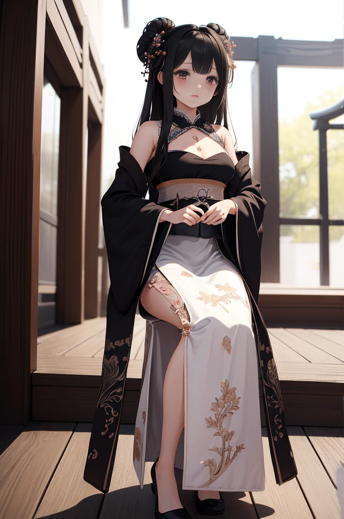 ((Best quality)), ((Masterpiece)), ((Ultra-detailed)), (illustration), (Detailed light), (An extremely delicate and beautiful),A charming 2 young girl,Dramatic perspective,(((Hanfu long skirt)),(Long hair Black)),