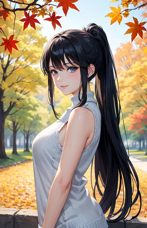 masterpiece、highest quality、High resolution、high quality images、8K, 1 female、skin er、Texture of skin and clothing、Expression of fine eyes、glossy black hair,Girl with long braided hair, Manga inspired by Lee Jong-suk, trending on deviantart, realism, detailed manga style, manga art style, perfect line drawing, beautiful line drawing, digital manga art girl, K-POPアイドル, beautiful blue eyes, plump lips, detailed gorgeous face, (cute smile), charm, innocent, Side view, (perfectly detailed face), (fine hands) photorealistic images, Depth of written boundary, ponytail hairstyle, Light beige turtleneck sleeveless knit、デニムミニスカート autumn leaves , autumn leaves ,美しいautumn leaves,romanticism,