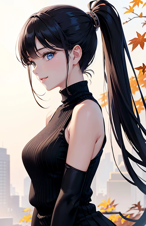 masterpiece、highest quality、High resolution、high quality images、8K, 1 female、skin luster、Texture of skin and clothing、Expression of fine eyes、glossy black hair,Girl with long braided hair, Manga inspired by Lee Jong-suk, trending on deviantart, realism, detailed manga style, manga art style, perfect line drawing, beautiful line drawing, digital manga art girl, K-POPアイドル, beautiful blue eyes, plump lips, detailed gorgeous face, (cute smile), charm, innocent, Side view, (perfectly detailed face), (fine hands) photorealistic images, Depth of written boundary, ponytail hairstyle, Light beige turtleneck sleeveless knit、デニムミニスカート autumn leaves , autumn leaves ,美しいautumn leaves,romanticism,