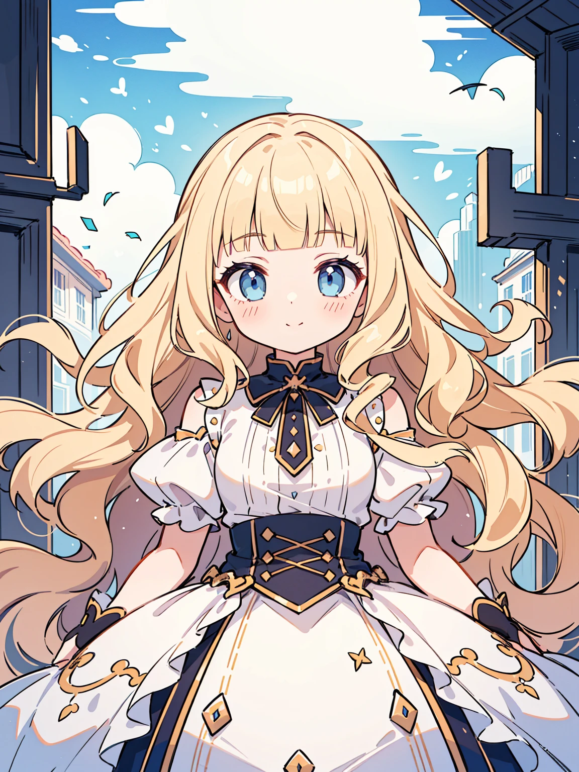 High quality, Ultra detailed, best quality, insanely detailed, masterpiece, beautiful illustrations, highest quality, pretty girl, ((very cute)), ((lovely)), 1girl, standing, pastel colour, blonde hair, wavy long hair, (blunt bangs), caucasian, bright lighting, sky-blue eyes, soft smile, looking at viewer