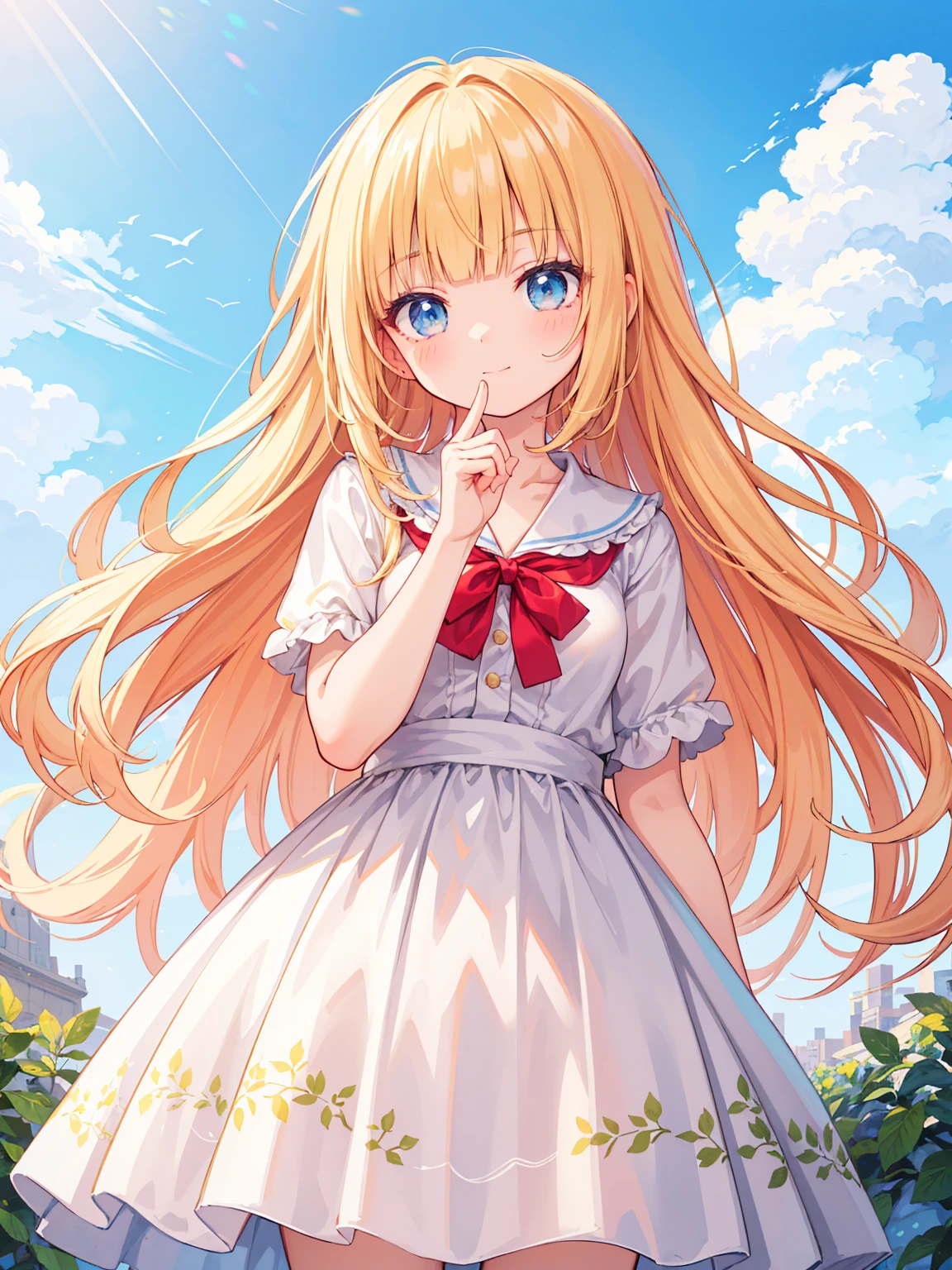 High quality, Ultra detailed, best quality, insanely detailed, masterpiece, beautiful illustrations, highest quality, pretty girl, ((very cute)), ((lovely)), 1girl, standing, pastel colour, blonde hair, wavy long hair, (blunt bangs), caucasian, bright lighting, sky-blue eyes, soft smile, looking at viewer