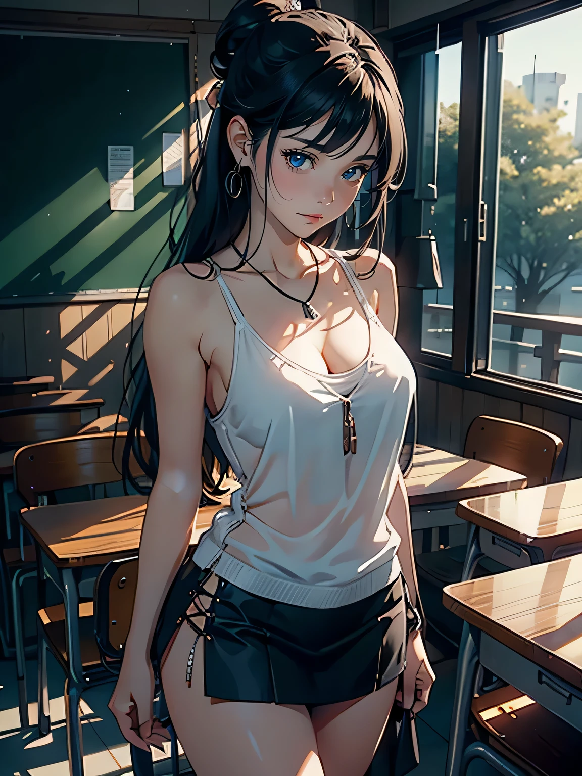 1 female,30 years old, alone,(Have background:classroom, in the spring season, Cherry blossoms) , Medium long hair, straight hair, bun, naked , big deal , naked nipples, (((masterpiece),(Highly detailed CG Unity 8k wallpaper),best quality,movie lighting,Detailed background,(very elegant and beautiful),(Beautiful and delicate depiction of eyes),super detailed,masterpiece)),High resolution,super detailed), (wear:Transparent tank top, black miniskirt, necklace, earrings)