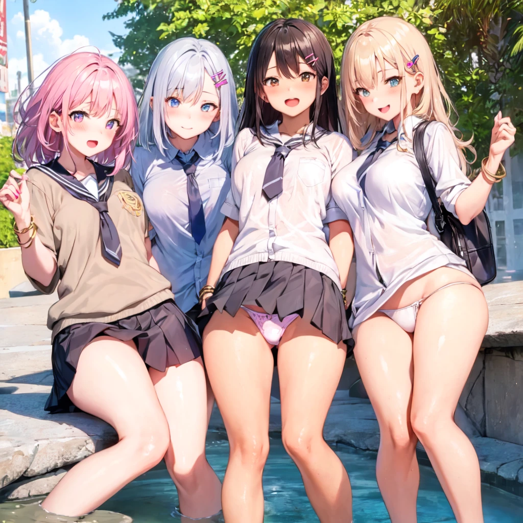 Texture CG, ((Ultra Detail Art)), ((​master piece)), (extremely details CG),Multiple girls,3girls,harem,Kneeling, school gals ,school gyaru ,((((school unifrom))),skirt ,(((pleated mini skirt)))), white shirt, school bag, bag , beautiful legs, wind lift,((string panties),(white sexy panties)),long hair, blonde hair, brown hair, pink hair, silver hair, Curve, Beautiful detailed eyes , gleaming skin, bracelet, ,hair ornament, hairclip, jewelry, open mouth ,light smile, embarrassed:1.4,