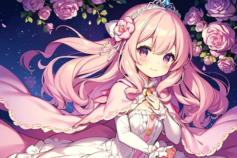 (kawaii),(best quality),(ultra detailed),(rococo style),(long train pastel pink cape:1.15), very long cape,(long train white ball gown with flower decorations:1.1), a girl is wearing a cape over her gown, 1 little princess, tiara, smile, very long hair, small breasts, beautiful detailed eyes, beautiful detailed lips