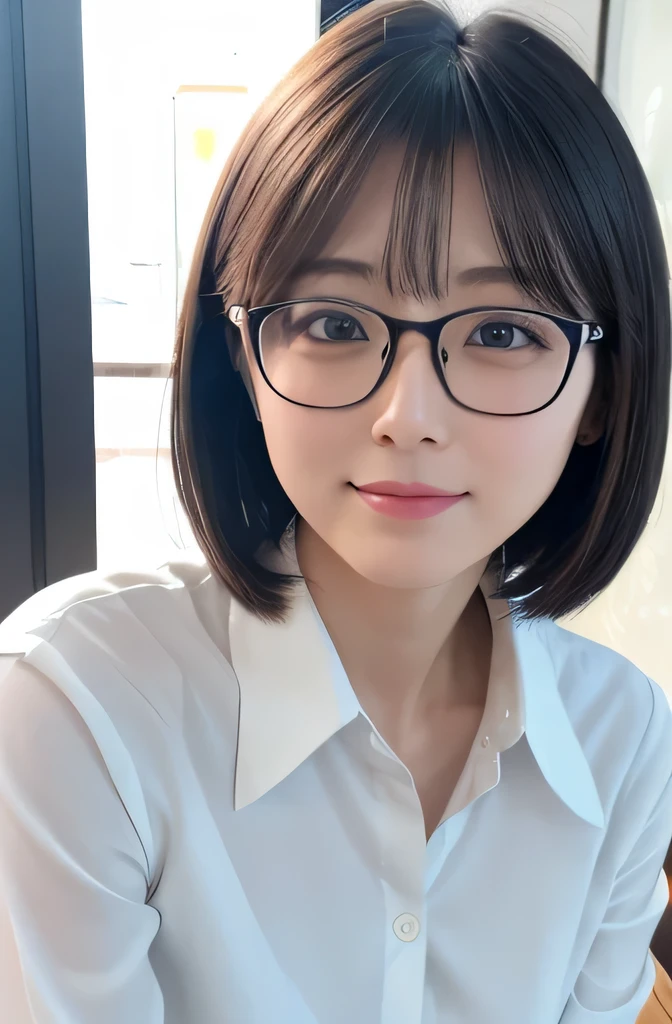 8K quality、highest quality、Realistic、view audience、
Japanese、1 female、30 years old、Height: 155cm、
pure atmosphere、Clean atmosphere、soft atmosphere、Gentle atmosphere、
social person、Working for a company、company uniform、
short hair、wear glasses、