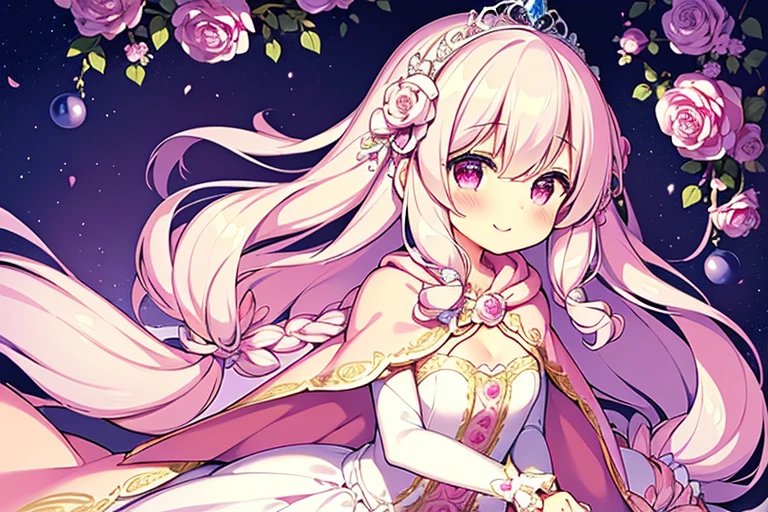 (kawaii),(best quality),(ultra detailed),(rococo style),(long train pastel pink cape:1.15), very long cape,(long train white ball gown with flower decorations:1.1), a girl is wearing a cape over her gown, 1 little princess, tiara, smile, very long hair, small breasts, beautiful detailed eyes, beautiful detailed lips