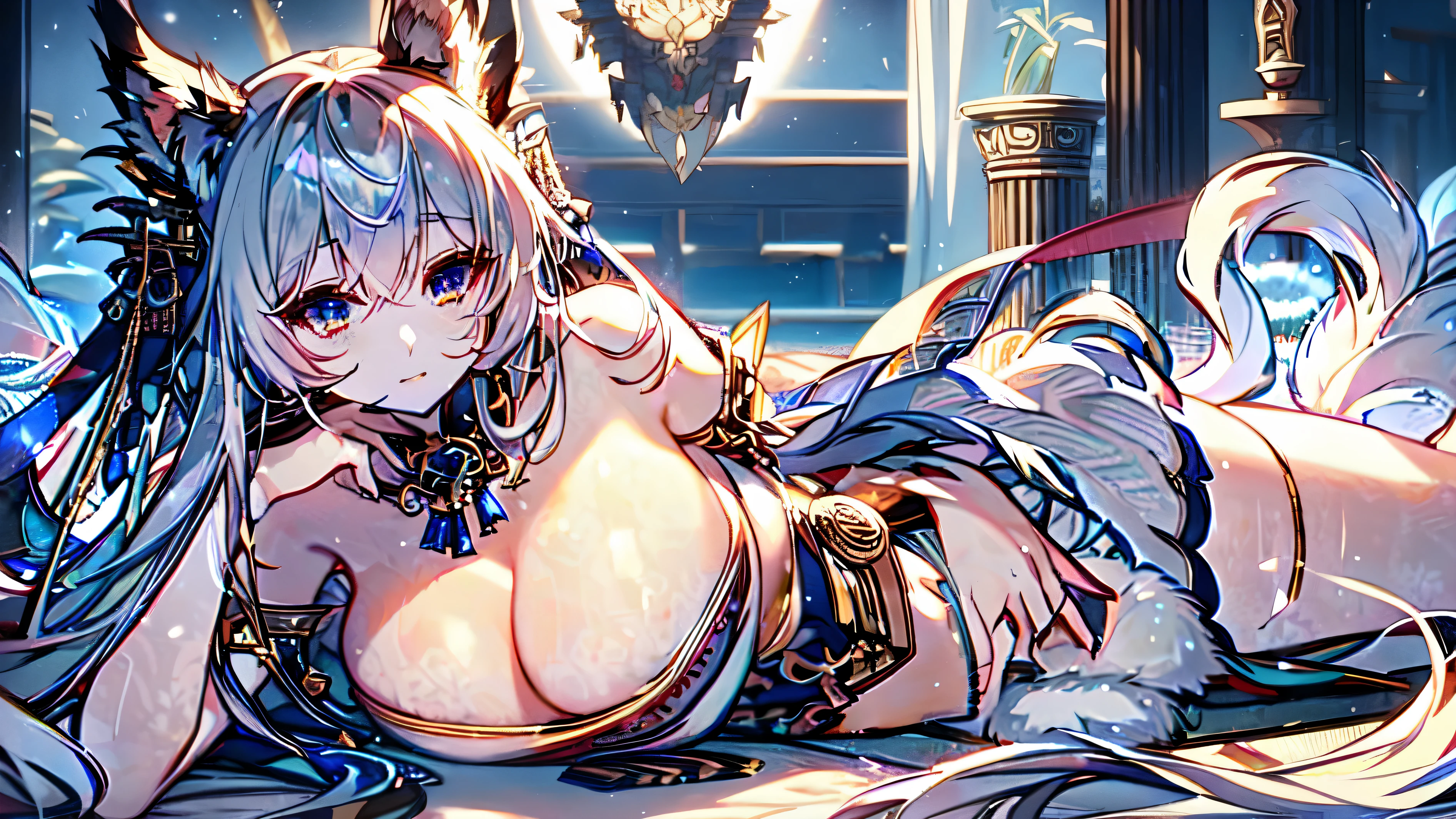 lily、gray hair、Fox、warrior、shrine、long hair、small breasts、highest quality,woman、Completely naked、Miko costume