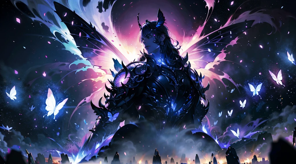 in 8K、masutepiece、top-quality、A hyper-realistic、Photorealsitic、Butterfly、A fantastical spectacle of a super-horde of countless lights flying through the pitch-black darkness、The supers of light dance fantastically while scattering glowing scales